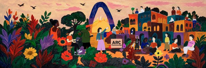 A colorful illustration depicting a diverse group of people gathered around a campfire in a lush setting with a monument labeled 'ARC Community'.