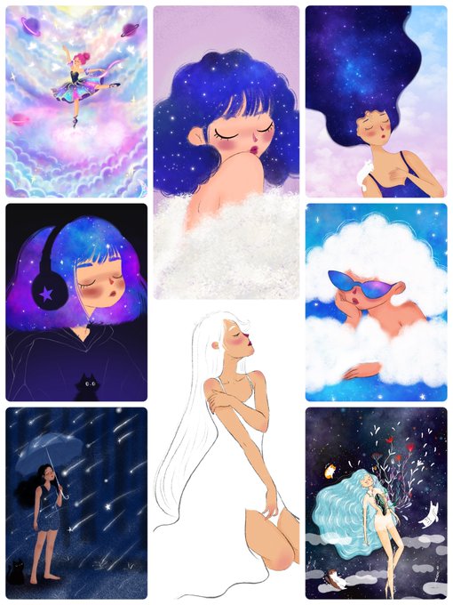 A collage of eight stylized digital illustrations featuring girls with cosmic themes, including starry hair, clouds, headphones, and dreamy atmospheres.