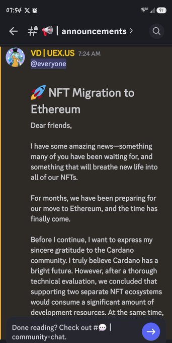 A Telegram announcement from @everyone in the "announcements" channel by VD | UEX.US announces an "NFT Migration to Ethereum," where the author thanks the Cardano community but explains the project is moving to Ethereum due to resource constraints, aligning with the post about CardanoCrocsClub migrating from Cardano to Ethereum under the new name @uex_us.