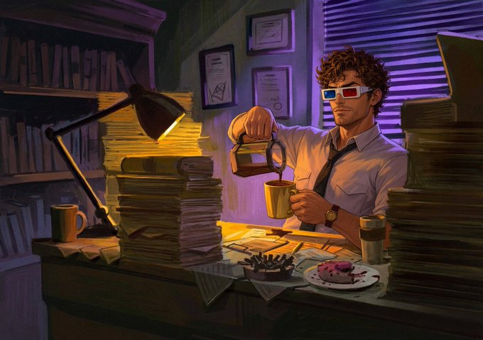 A digital illustration of a curly-haired man wearing 3D glasses and a tie, pouring coffee at a cluttered desk with a pink donut, lit by a yellow desk lamp at night.
