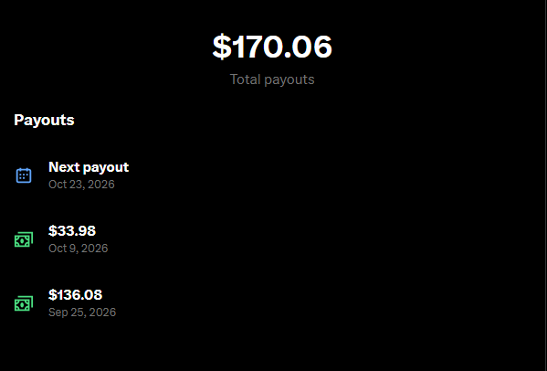 A dark-themed financial payout screen showing total payouts of $170.06, including a next payout on Oct 23, 2026, $33.98 on Oct 9, 2026, and $136.08 on Sep 25, 2026.