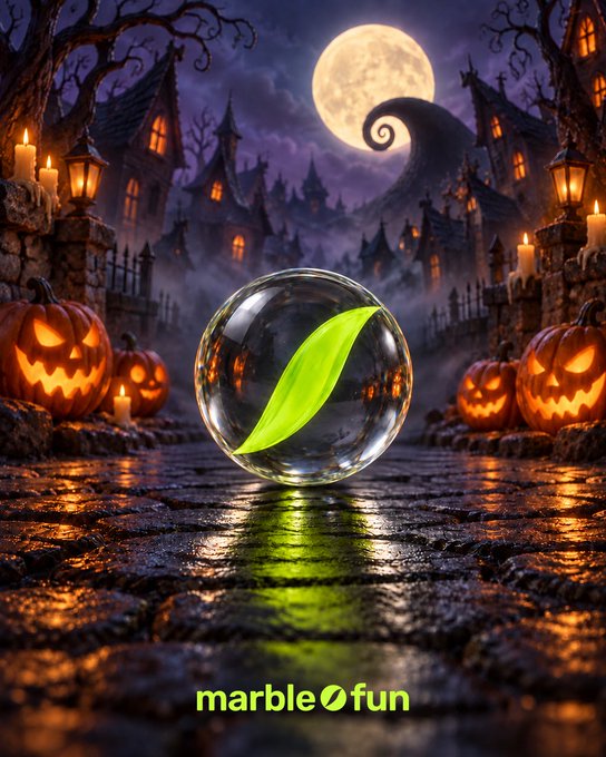 A Halloween-themed digital artwork featuring a transparent sphere with a glowing green leaf inside, set against a spooky village with jack-o'-lanterns and a full moon, labeled 'marble of fun'.