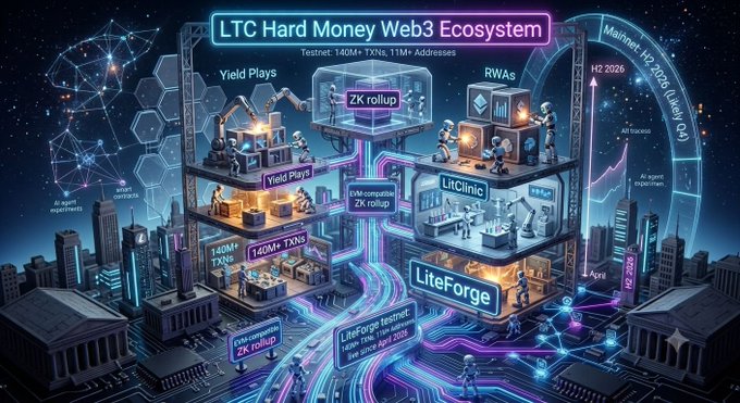 A futuristic cityscape visualization showcases the "LTC Hard Money Web3 Ecosystem," highlighting the LiveLite (LiteForge) testnet with stats showing 140M+ transactions and 11M+ addresses since April. The image depicts interconnected platforms like Yield Plays, RWAs, and a LitClinic powered by ZK rollup technology, visually reinforcing the tweet's praise of LitecoinVM's quietly progressing Web3 infrastructure and DeFi capabilities.