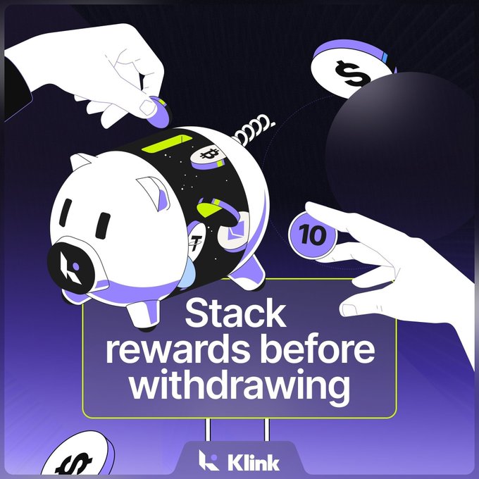 A piggy bank is being fed coins marked with "$" and "10" while a hand pulls a black bomb from its side, illustrating Klink's tip to stack rewards before withdrawing. The text "Stack rewards before withdrawing" appears prominently, with the Klink logo at the bottom.