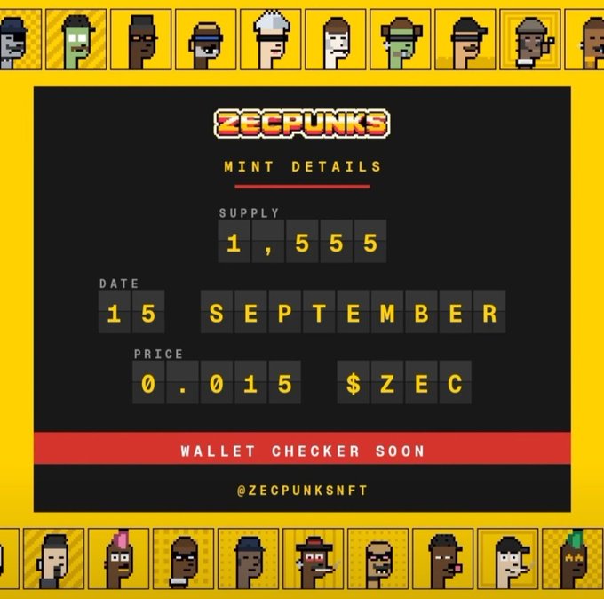A pixel-art style graphic for 'ZECPUNKS' displays mint details: a supply of 1,555, a date of September 15, and a price of 0.015 $ZEC, surrounded by rows of various character avatars.