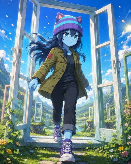 An anime-style illustration of a blue-skinned girl with cat ears wearing a colorful striped beanie, yellow jacket, and dark pants, stepping through an open white window frame into a bright, flower-filled landscape.