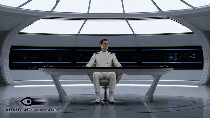 A man in a white futuristic uniform sits at a sleek control desk in a sci-fi setting with the 'NETNET CAPITAL MANAGEMENT' logo and an eye icon in the bottom left corner.