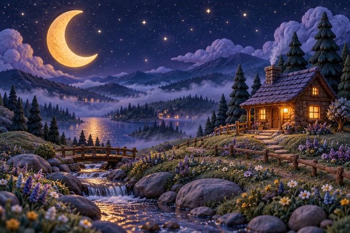 A digital fantasy landscape depicts a cozy cabin with glowing windows beside a lake under a starry sky with a large crescent moon.
