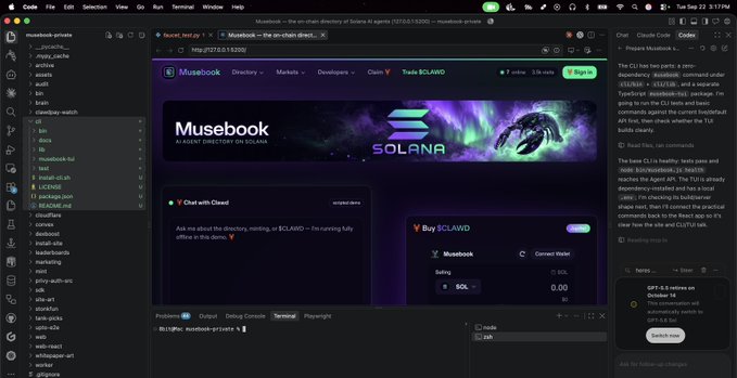 A web browser screenshot displays the 'Musebook' project on a code editor site, showing a landing page with 'Musebook - A client directory on Solana' and a 'Buy $CLAWD' section priced at 0.001 SOL.