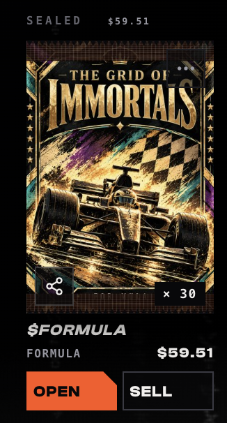 A 'SEALED' digital card pack featuring 'The Grid of Immortals' with a race car design and $FORMULA token priced at $59.51, showing 30 packs available with OPEN and SELL options.