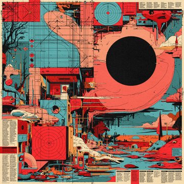A surreal, retro-futuristic illustration featuring a large pink planet with a dark circular opening, surrounded by red and teal architecture, landscape elements, and intricate mechanical details.