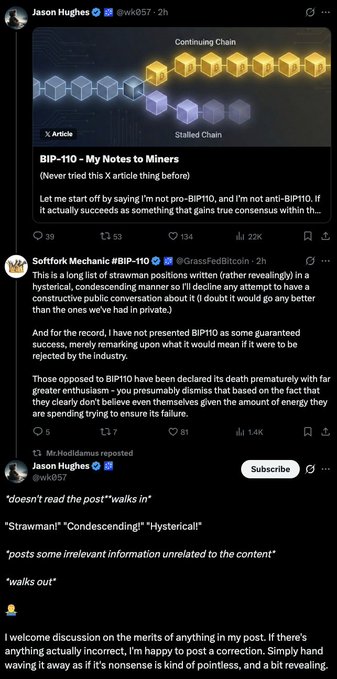 The image shows a series of tweets where Jason Hughes (@wk057) shares a "X Article" titled "BIP-110 - My Notes to Miners" featuring a diagram of "Continuing Chain" and "Stalled Chain" blocks, followed by a quote-tweet from Softfork Mechanic criticizing the tone of BIP-110 opposition as premature and hysterical. The exchange illustrates Hughes's claim about BIP-110 consensus, ending with him noting that critics dismissed the proposal prematurely rather than engaging with the technical content.