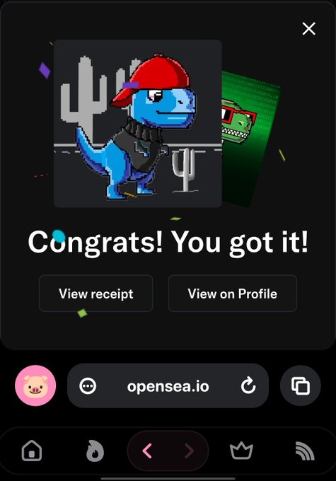 A mobile screenshot displays a successful NFT purchase on opensea.io featuring a pixel art blue dragon wearing a red cap, with text reading 'Congrats! You got it!'