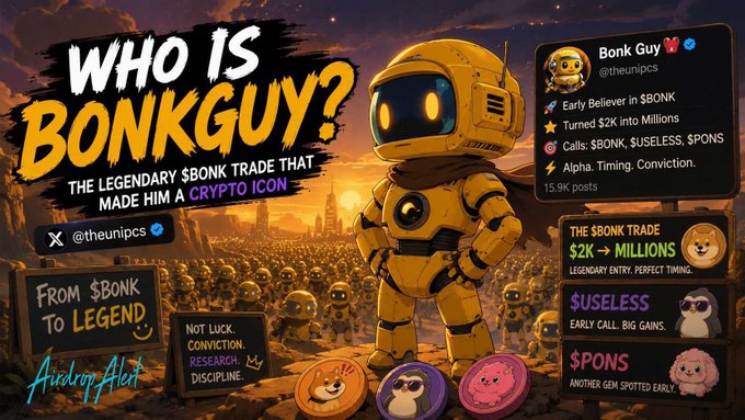 A promotional graphic asks 'WHO IS BONKGUY?' featuring a robot character, highlighting @theunipcs and the $BONK trade that turned $2K into millions, referencing $USELESS and $PONS tokens.