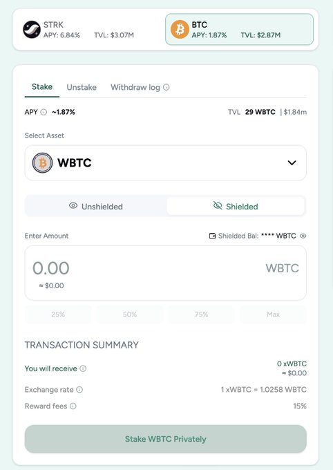 A cryptocurrency staking interface screen displaying options for STRK (APY: 6.84%) and BTC (APY: 1.87%), with the BTC staking form showing options to Stake WBTC in Unshielded or Shielded modes.