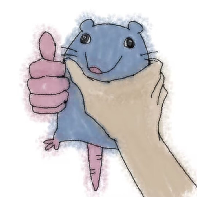 A digital drawing of a smiling blue hamster or rat being held and given a thumbs-up by a pink hand.