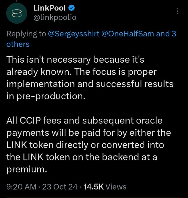 A tweet from LinkPool (@linkpoolio) explaining that CCIP fees will be paid for by the LINK token directly or converted into LINK on the backend at a premium.