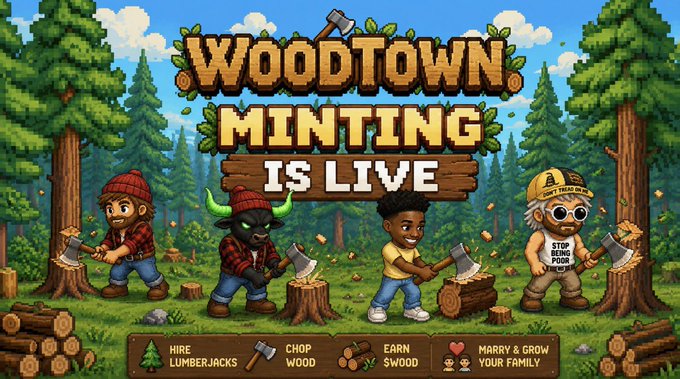 A pixel-art promotional banner for "WoodTown" announces that minting is live, featuring four lumberjack characters—one with a horned helmet—chopping wood in a forest, with buttons prompting users to hire lumberjacks, chop wood, and start their poor-rich journey, matching the post's excitement about the @WoodTowns mint phase going live and the narrator having just minted their own lumberjacks.
