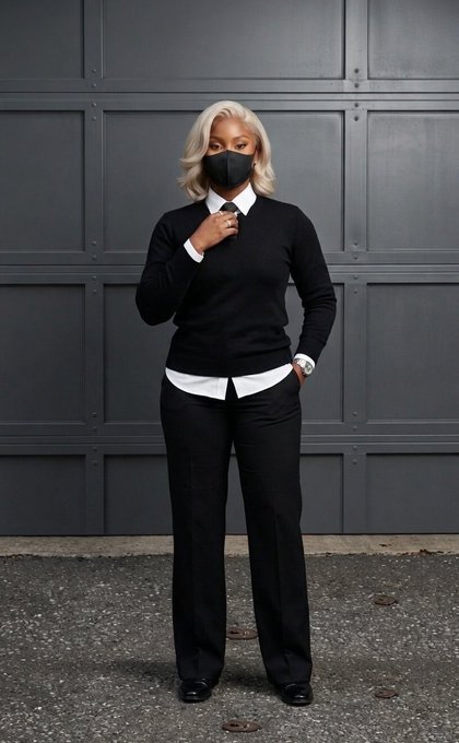 The image features a woman wearing a black shirt, tie, and pants standing against a gray wall with a garage door behind her. She has a black face mask on her face while posing for the picture. The caption of the image reads "gm i see some people are still on $RIVER Are you ready to take the bull by the horns this week? cc: @zilyIC".
