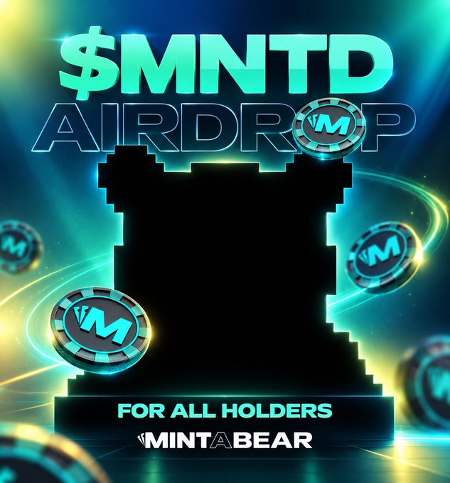 A promotional graphic for '$MNTD AIRDROP' features a black pixelated bear silhouette surrounded by floating coins with 'VM' logos, with text reading 'FOR ALL HOLDERS' and 'MINTABEAR' at the bottom.
