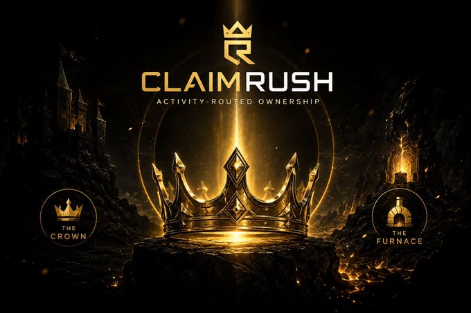 Promotional graphic for "CLAIMRUSH" featuring a golden crown on a rock, with the tagline "ACTIVITY-ROUTED OWNERSHIP" and icons for "THE CROWN" and "THE FURNACE" on either side.