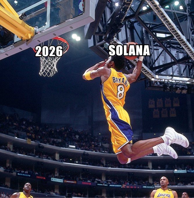 A meme image showing Kobe Bryant dunking a basketball in his Lakers #8 jersey, with the basketball hoop labeled '2026' and the basketball labeled 'SOLANA', humorously suggesting Solana will slam dunk 2026.