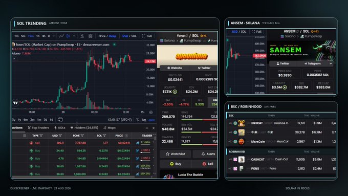 A cryptocurrency trading dashboard displaying SOL trading charts, ANSEM/SOL and BSC/ROBINHOOD token information, with market data and price trackers on a dark interface.