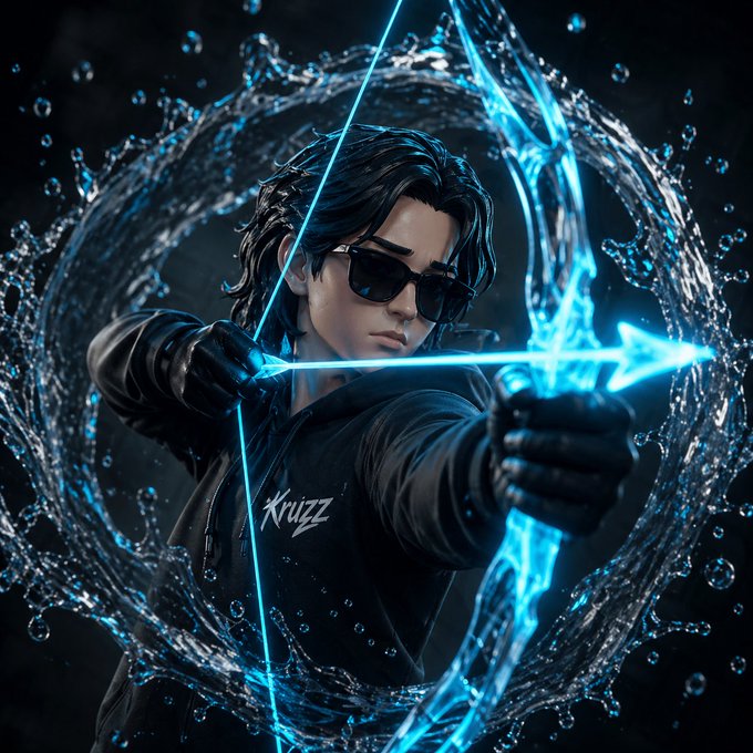 The image features a cartoon character, likely a boy or a girl, dressed in black clothing with sunglasses and holding a bow and arrow. The background of the image is dark blue, creating an atmosphere that complements the character's attire. There are water droplets scattered throughout the scene, adding to the overall visual effect. The caption at the bottom of the image reads "goodnight frens $RIVER boy’s going to bed". This phrase is likely a reference to the popular cartoon series "Frenzy" and its characters.