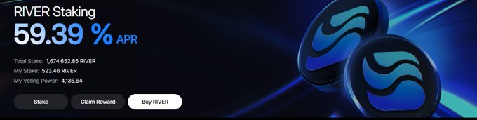 The image shows a blue banner with two blue circles on either side, one at the top left corner and another at the bottom right. The text displayed within these circles indicates that the promotion offers River Staking services for 59.39% APR starting today.