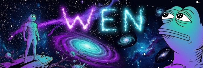 This banner image, featuring the word "WEN" in glowing cosmic lettering and Pepe the Frog characters, was added to Moby for the Solana token $wen.