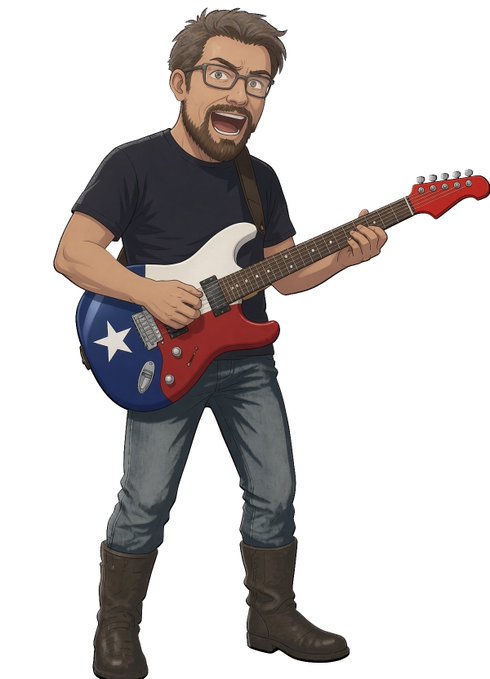 A cartoon-style illustration depicts an excited, bearded man with glasses playing an electric guitar painted with the Texas state flag's design.