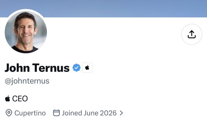 Profile page of John Ternus (@johnternus), CEO at Apple, located in Cupertino, with a joined date of June 2026.