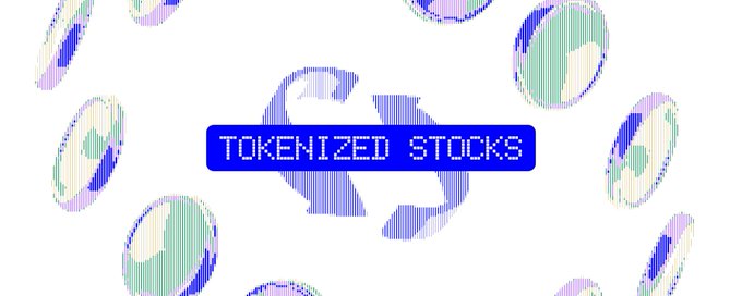 A digital graphic featuring the text "TOKENIZED STOCKS" in pixelated blue lettering, surrounded by floating coin-like spheres with abstract designs in shades of blue, purple, and green on a white background.