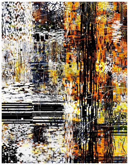 An abstract artwork featuring a chaotic mix of black, white, orange, and yellow colors with vertical drip patterns, scattered dots, and scribbled lines.