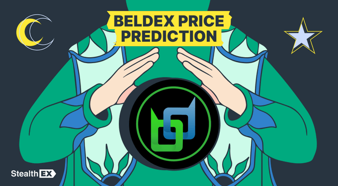 A graphic titled 'BELDEX PRICE PREDICTION' displays the Beldex logo held by illustrated hands, with 'StealthEX' branding in the corner and moon and star symbols suggesting bullish market expectations.