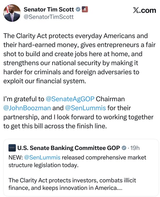 A tweet from Senator Tim Scott (@SenatorTimScott) praising the Clarity Act for protecting Americans, supporting entrepreneurs, and strengthening national security, while thanking @SenateAgGOP Chairman @JohnBoozman and @SenLummis for their partnership.