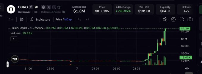 A cryptocurrency chart showing OURO (OuroLayer) with a market cap of $1.3M, 24H change of +795.35%, and holders of 422.