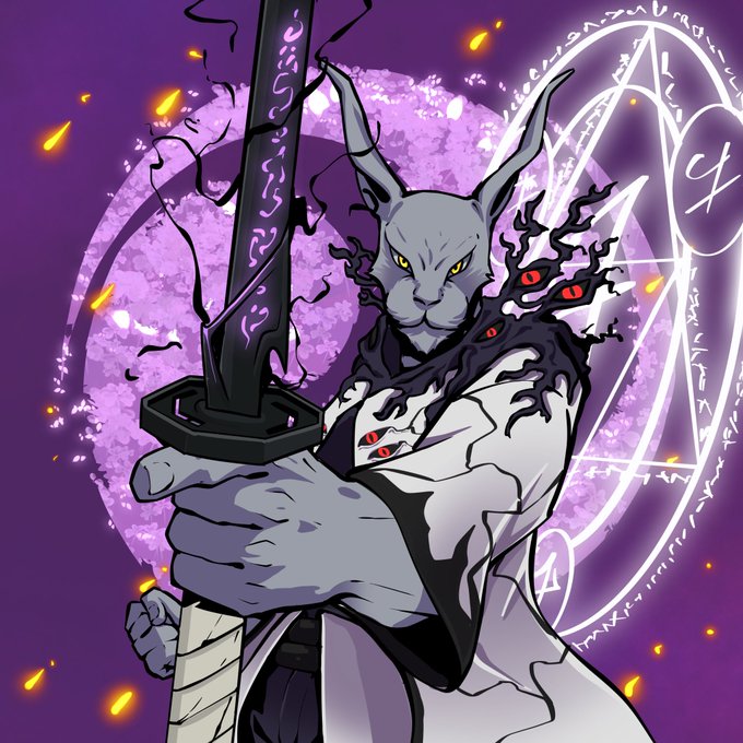 A digital illustration of an anthropomorphic rabbit samurai warrior with yellow eyes, wielding a purple glowing sword, with dark tendrils and multiple red eyes emerging from its body against a purple background featuring a magic circle.