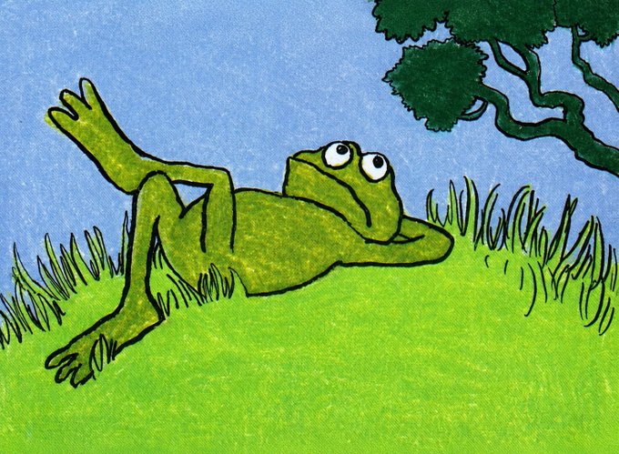 A cartoon illustration of a green frog lounging lazily on grass under a tree, gazing up at the sky with a content expression.