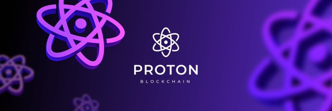 The image features an advertisement for a company named Proton Blockchain. The background of the image is purple with white lines that resemble atoms or particles. There are three purple circles, each containing a white dot, which are arranged in a triangular formation on the right side of the image. The text "Proton" and "Blockchain" can be seen at the top and bottom of the image respectively. The company's logo is also present within the image.