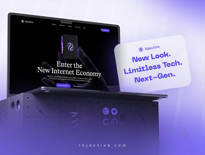 A sleek promotional image showcases the new Injective website displayed on a laptop perched atop a metallic platform, with a floating card reading "Injective — New Look. Limitless Tech. Next-Gen." reinforcing the post's praise for the platform's ultra-premium, forward-looking redesign of the finance ecosystem.