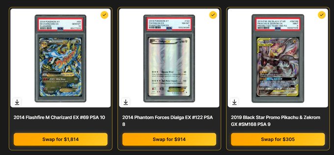 The image displays three graded Pokemon cards, including a 2014 Flashfire M Charizard EX PSA 10, a 2014 Phantom Forces Dialga EX PSA 8, and a 2019 Black Star Promo Pikachu & Zekrom GX PSA 9, with options to "Swap" them for different values. This relates to the post by illustrating the type of valuable digital collectibles available on Beezie, which can be acquired and potentially traded for profit.