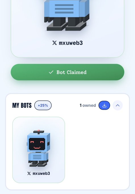 A crypto-style interface shows the bot “mxuweb3” with a green “Bot Claimed” button and a “MY BOTS +25%” panel listing “1 owned.”
