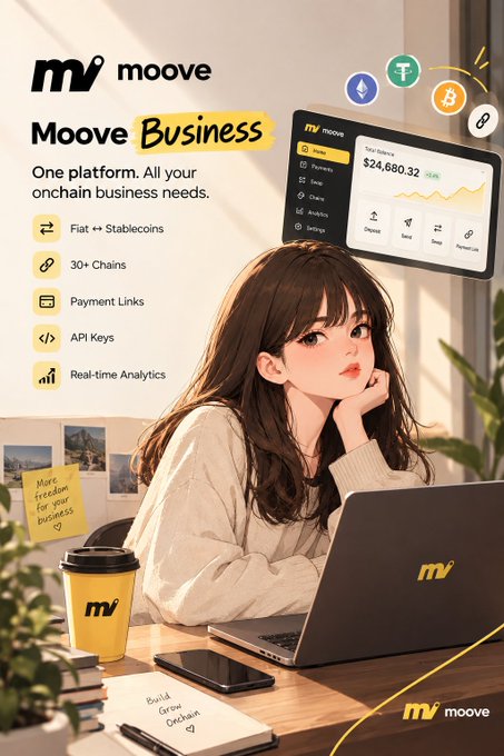 A promotional graphic for "Moove Business" featuring an anime-style illustration of a young woman at her laptop, with a coffee cup, phone, and dashboard displaying a balance of $24,680.32 USDC, advertising features like "Fiat ↔ Stablecoins," "30+ Chains," and "Payment Links."