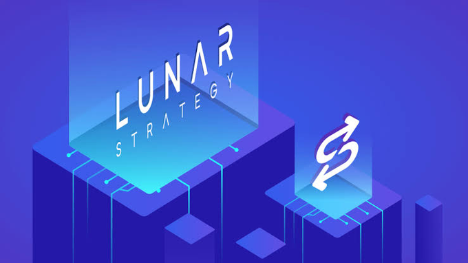 3D isometric graphic with 'LUNAR STRATEGY' text and a refresh/swap icon on blue glowing platforms against a purple background.