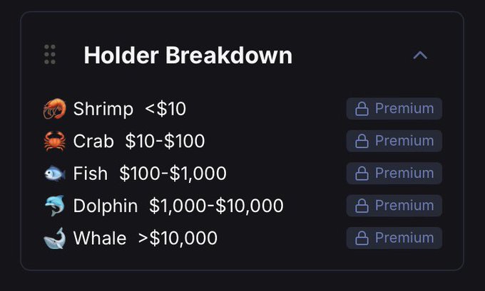 A dark-themed 'Holder Breakdown' infographic categorizing crypto investors by portfolio size into tiers: Shrimp (<$10), Crab ($10-$100), Fish ($100-$1,000), Dolphin ($1,000-$10,000), and Whale (>$10,000), each marked as Premium.