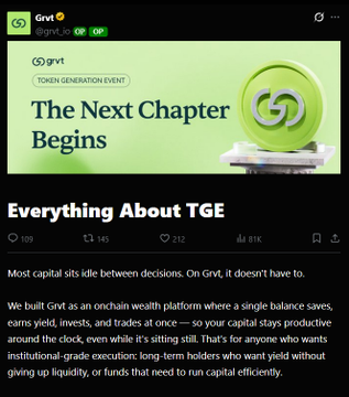 A Twitter post by Grvt with the username "@grvt" and a "SIGNAL" badge announces "The Next Chapter Begins" for a Token Generation Event (TGE) of $GRVT, featuring a large green circular token graphic. The post, titled "Everything About TGE," promotes Grvt as an "onchain wealth platform" for trading and yields, tying into the announcement about vesting changes for the $GRVT airdrop distribution scheduled for July 30th.