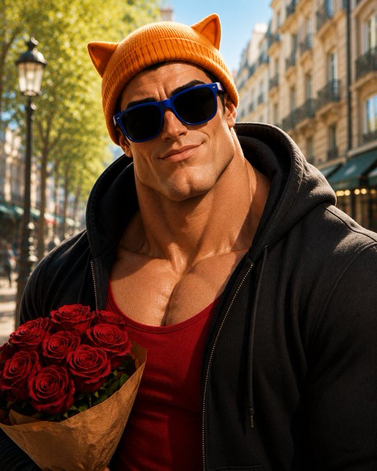 A stylized illustration of a muscular man wearing an orange cat-eared beanie, blue sunglasses, and a dark hoodie over a red tank top, holding a bouquet of red roses on a city street.