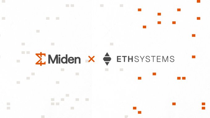 Logo graphic displaying 'Miden x ETHSYSTEMS' with orange and dark blue branding on a dotted beige background.