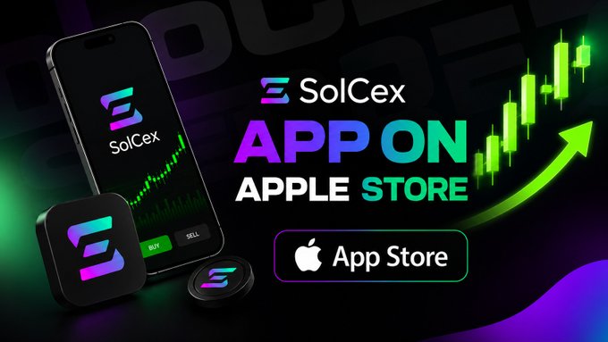 The promotional graphic announces "SolCex APP ON APPLE STORE," featuring the app's logo on a smartphone display alongside a glowing green candlestick chart and an upward-trending arrow, visually reinforcing the message that the SolCex crypto trading app is launching on Apple's App Store on July 27 to reach billions of potential users.
